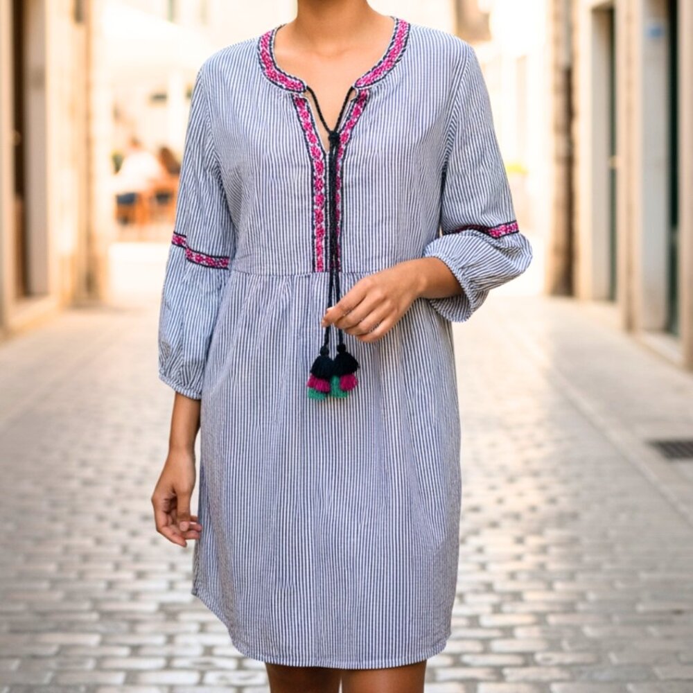 Boho Blue Striped Midi Dress M Embroidered Flowers Colored Tassels Lined Pockets